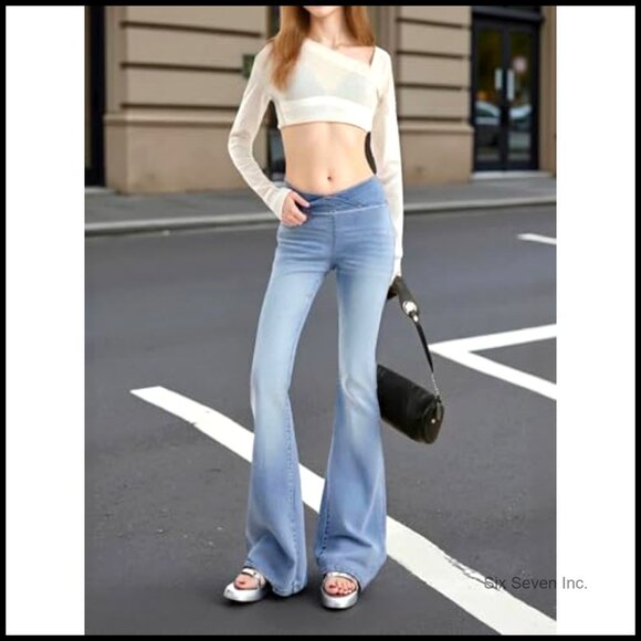 High Waisted Bell Bottom Bootcut Jeans Stretch Flare Y2K Retro Chic - Picture 6 of 7